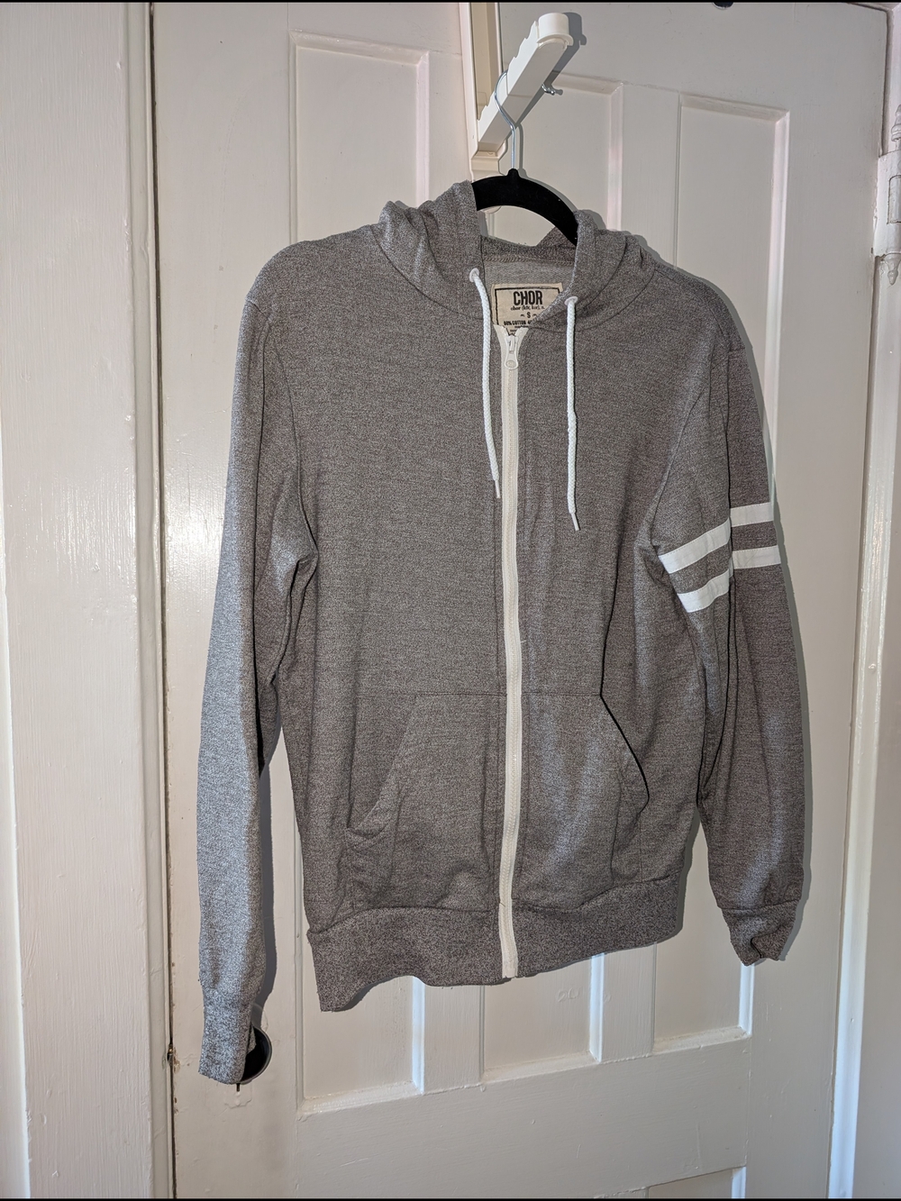 CHOR Gray Zip-Up Hoodie White Stripe Sleeve Lightweight Sweatshirt Size Small